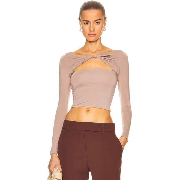 SER.O.YA Artemis Cut-out Long Sleeve Jersey Top in Dark Beige - Picture 1 of 7